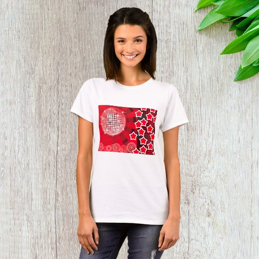 Red Disco Party Thema mit Sternen und Glitzer Ball T-Shirt
