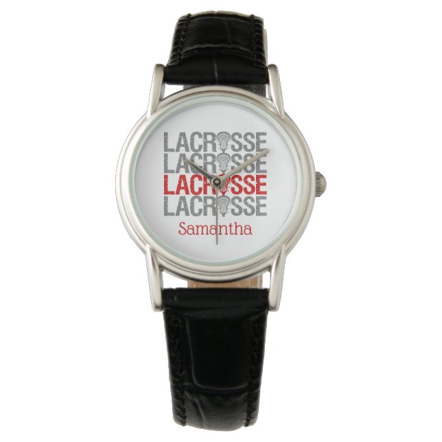 Red Distressed Lacrosse Word Armbanduhr (Vorderseite)