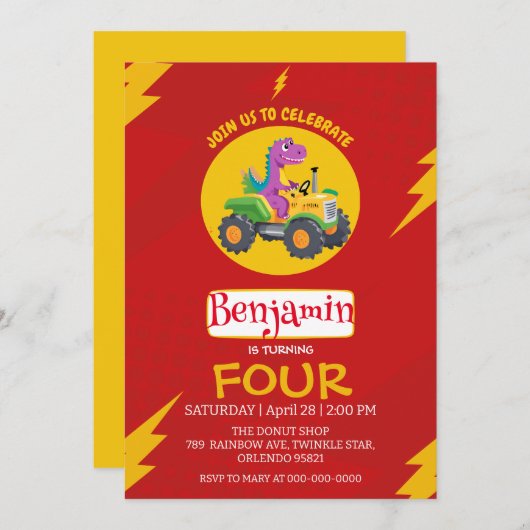 RED Donunder Niedlich Dinosaurier LKW Schule Gebur Einladung (Vorne/Hinten)