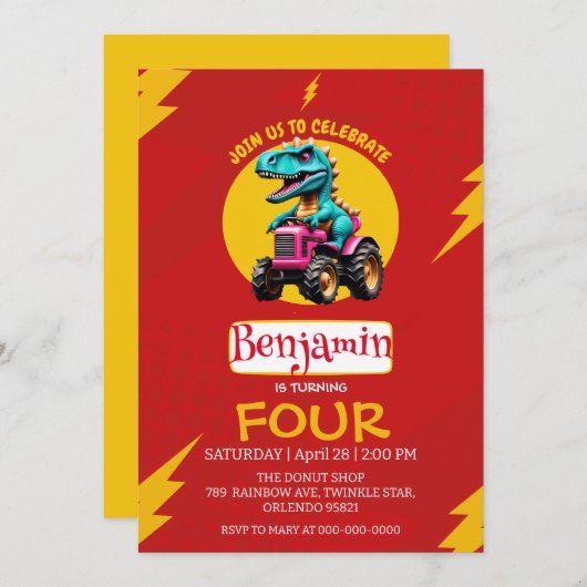 RED Donunder Niedlicher Dinosaurier Bauer LKW Gebu Einladung (Vorne/Hinten)