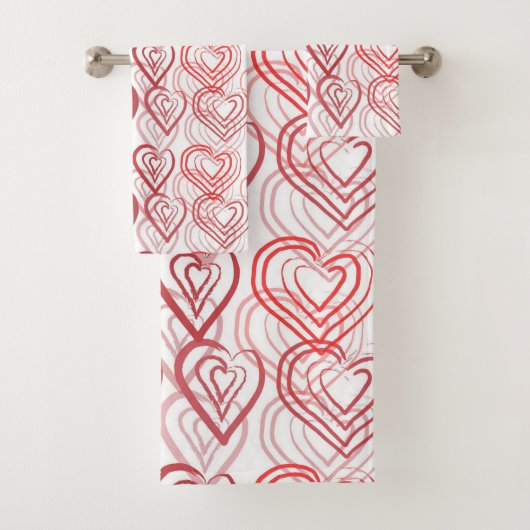 Red Doodle Hearts Pattern Badhandtuch Set (Insitu)