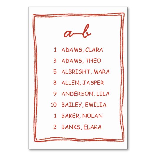 Red Doodle Numeric Wedding Seating Chart Card Tischnummer (Vorderseite)
