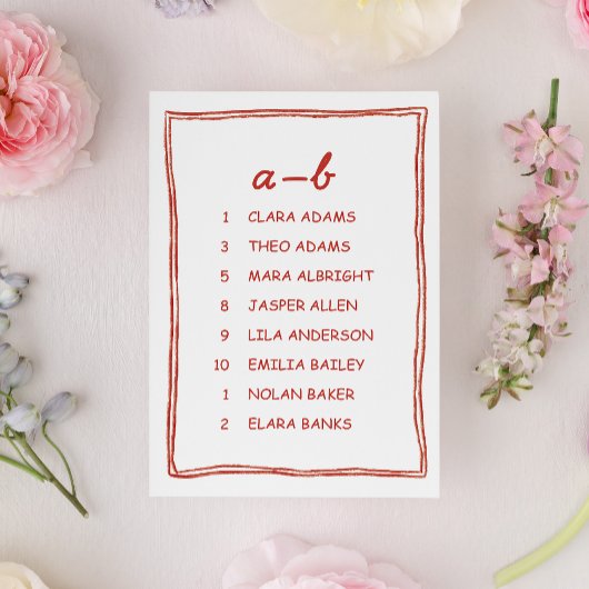 Red Doodle Numeric Wedding Seating Chart Card Tischnummer