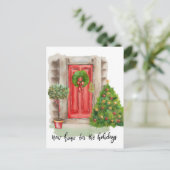 Red Door Weihnachten | Neue Zuhause für Ferien Ankündigungspostkarte (Stehend Vorderseite)