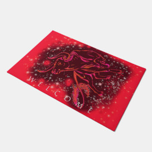 Red Doormat Bull Running At Starry Night Welcome Fußmatte