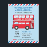 Red Double Deck London Bus Kids Party Einladungen<br><div class="desc">Die Räder auf dem Bus fahren rund und rund! Ein rotes Londoner Doppeldecker inspirierte eine Busillustrierung mit Platz auf dem Bus, um die Botschaft des Party zu personalisieren. Ideal für Kinder, die Liebe Transporter Fahrzeuge vor allem Busse! Blaue, rote und weiße Streifen für die Dekoration im Hintergrund. Personalisieren Sie einfach...</div>