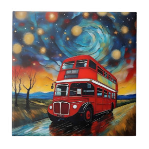 Red Double Decker Bus bei einer starren Nacht, Fliese