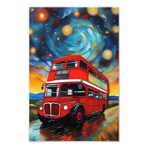 Red Double Decker Bus bei einer starren Nacht, Fotodruck