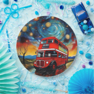 Red Double Decker Bus bei einer starren Nacht, Pappteller