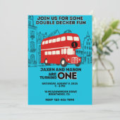 Red Double Decker Twins 1. Geburtstag Einladung (Stehend Vorderseite)