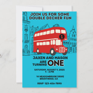 Red Double Decker Twins 1. Geburtstag Einladung