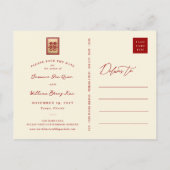 Red Double Happy Chinesisches Foto Save the Date Ankündigungspostkarte (Rückseite)