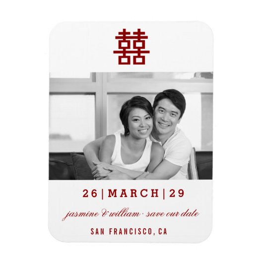 Red Double Happy Foto Chinesisch Save the Date Magnet (Vertikal)
