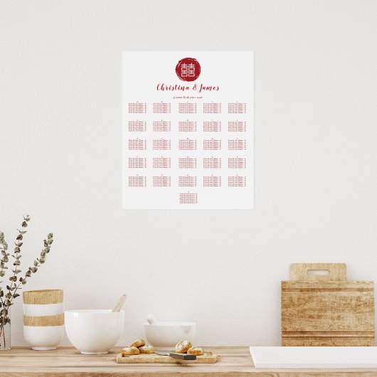 Red Double Happy Wedding Seating Chart Poster (Küche)