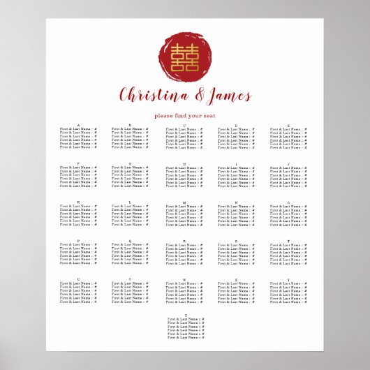 Red Double Happy Wedding Seating Chart Poster (Vorne)