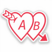 Red Double Hearts with Cupids Arrow and Initials Aufkleber (Vorderseite)