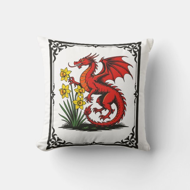 Red Dragon and Daffodils With Decorative Border Kissen (Vorderseite)