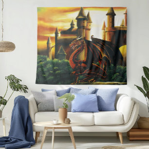 Red Dragon Castle Fantasy Wandteppich