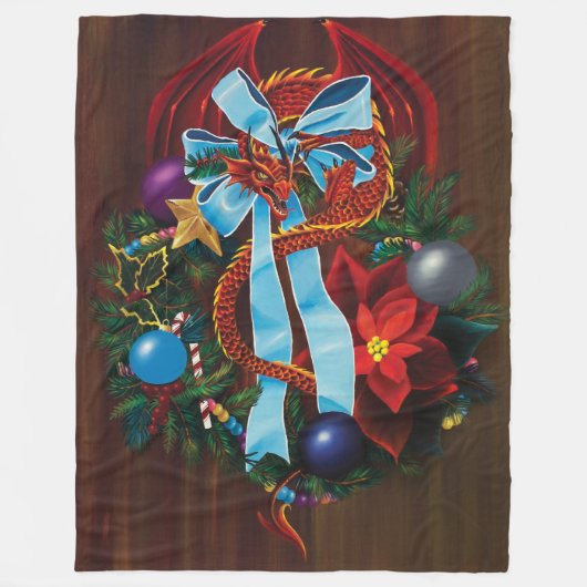 Red Dragon Christmas Wreath Fleecedecke (Vorderseite)