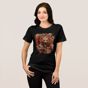 Red Dragon in Storm with Chrysanthemums Tri-Blend Shirt
