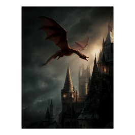 Red Dragon Over Gothic Castle Poster