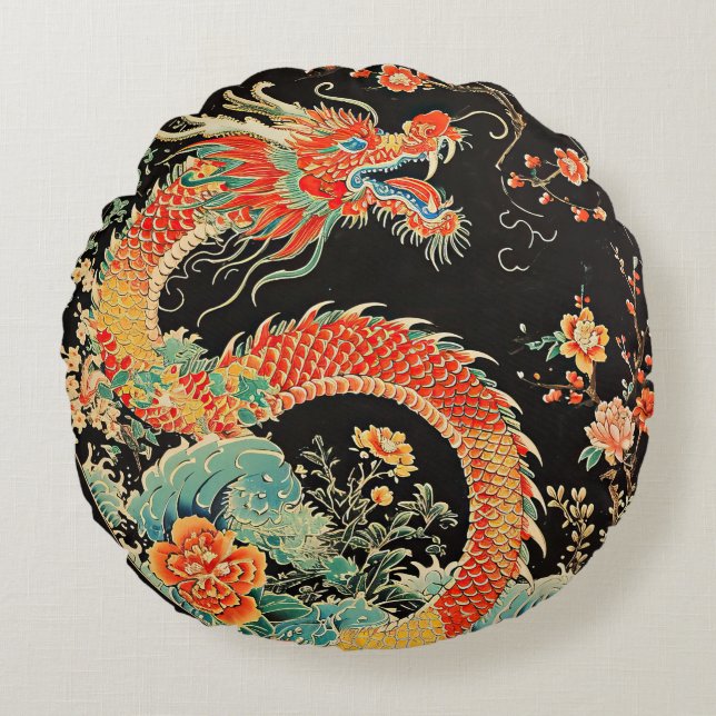 Red Dragon Round Throw Kissen (Vorderseite)