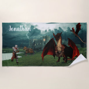 Red Dragon vs Knight Castle Fantasy Personalisiert Strandtuch