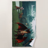 Red Dragon vs Knight Castle Fantasy Personalisiert Strandtuch (Vorderseite)