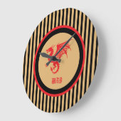 Red Dragon with Regal Gold Black Stripes Monogram Große Wanduhr (Winkel)