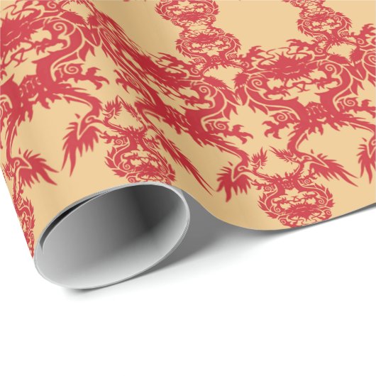 Red Dragons auf Gold Hintergrundpapier Geschenkpapier (Rolleneckpunkt)