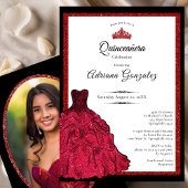 Red Dress and Tiara Custom Photo Quinceanera Einladung