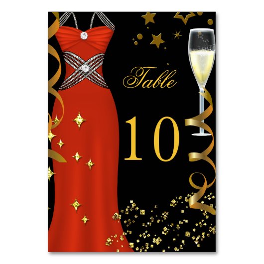 Red Dress Black Gold Tischnummer Card (Vorderseite)