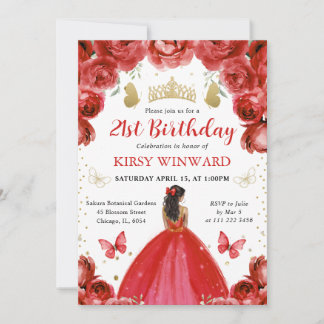 Red Dress Dark Skin Princess Birthday Einladung