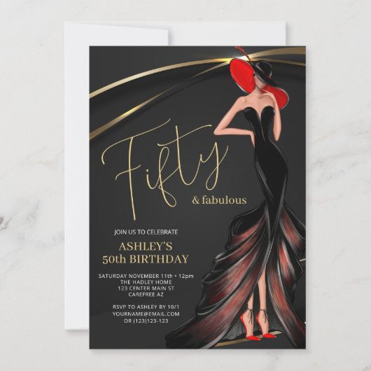 Red Dress Fabulous Black Gold 50. Einladung (Vorderseite)