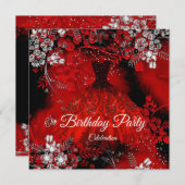 Red Dress Feathers Silver Birthday Party Einladung (Vorne/Hinten)