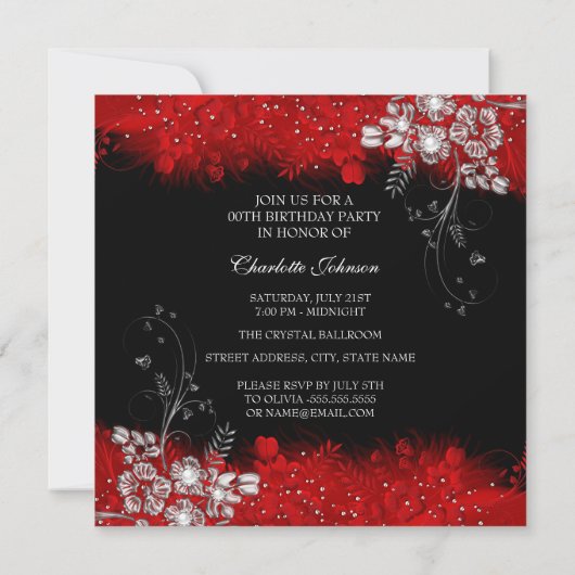 Red Dress Feathers Silver Birthday Party Einladung (Rückseite)