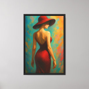 Red Dress Frau mit Hut auf farbigem Hintergrund Leinwanddruck