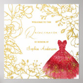 Red Dress Gold Floral Blätter Quinceanera Gold Foliendrucke (Vorderseite)