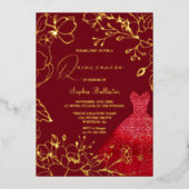 Red Dress Gold Floral Blätter Sweet 16 Folieneinladung (Vorderseite)