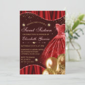 Red Dress & Gold Glitzer Balloons Sweet 16 Einladung (Stehend Vorderseite)