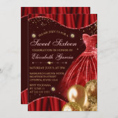 Red Dress & Gold Glitzer Balloons Sweet 16 Einladung (Vorne/Hinten)