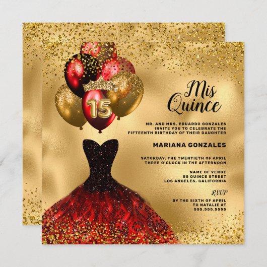 Red Dress Gold Glitzer Crown Mis Quinceañera Einladung (Vorne/Hinten)
