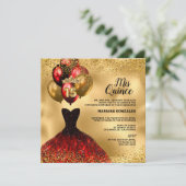 Red Dress Gold Glitzer Crown Mis Quinceañera Einladung (Stehend Vorderseite)