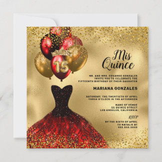 Red Dress Gold Glitzer Crown Mis Quinceañera Einladung