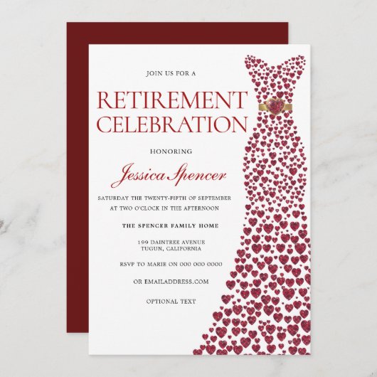 Red Dress Gold Womans Retirement Party Celebration Einladung (Vorne/Hinten)