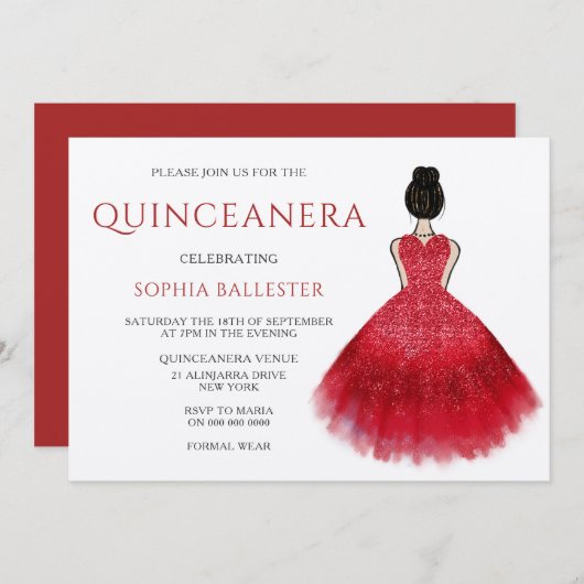 Red Dress Gown Wonderland Quinceanera Party Einladung (Vorne/Hinten)