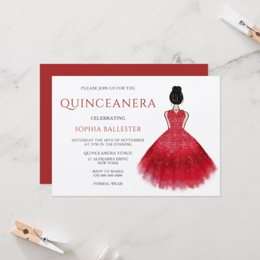 Red Dress Gown Wonderland Quinceanera Party Einladung (Vorderseite/Rückseite Beispiel)
