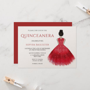 Red Dress Gown Wonderland Quinceanera Party Einladung