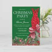 Red Dress Green Festive Christmas Party Einladung (Stehend Vorderseite)