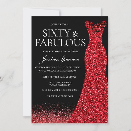Red Dress Red Glitzer Gown 60. Geburtstagsparty Einladung (Vorderseite)